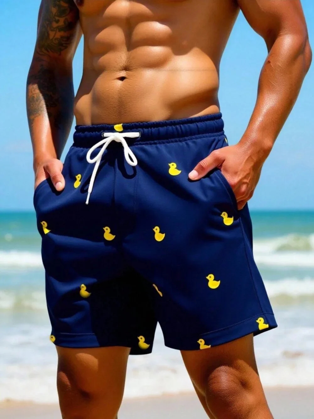 Navy Blue Cartoon Duck Print Men's Drawstring Waist Beach Shorts Swim Trunks